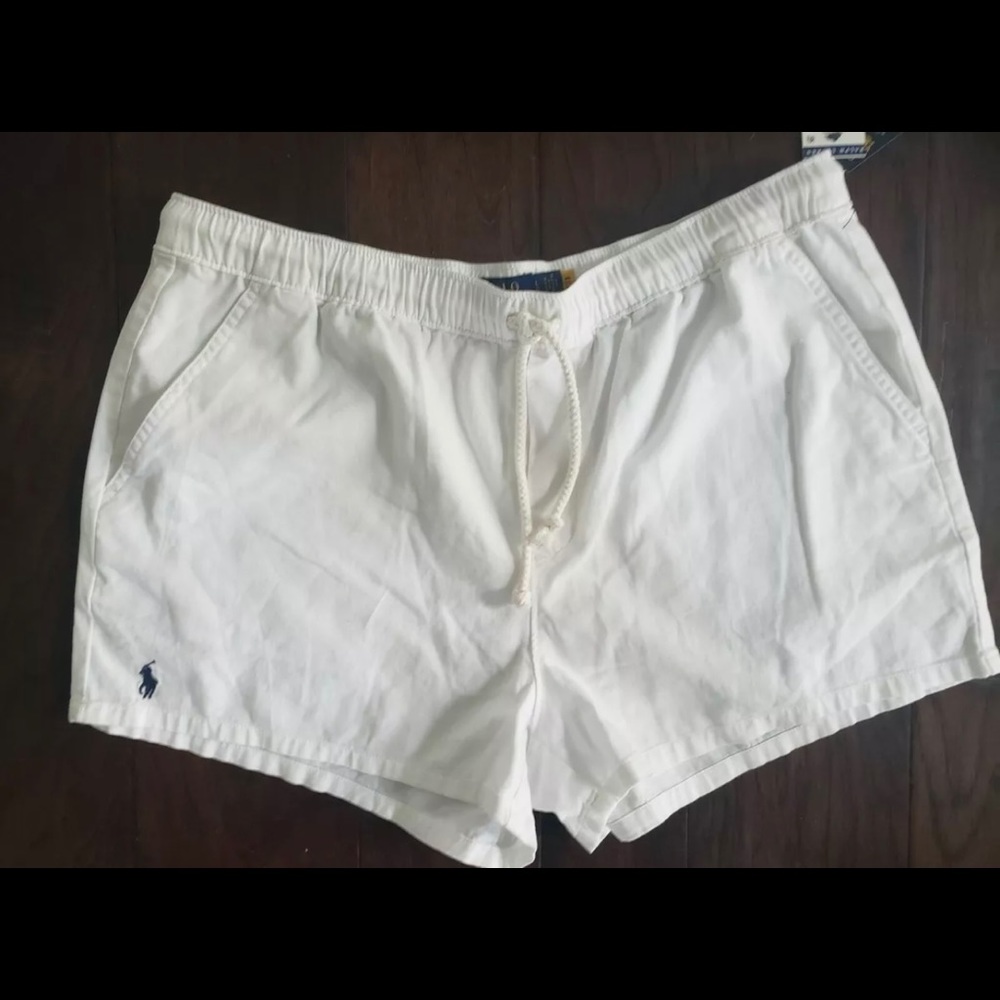 NWT small Polo Ralph Lauren Women's White Drawstring Elastic Shorts Navy Logo